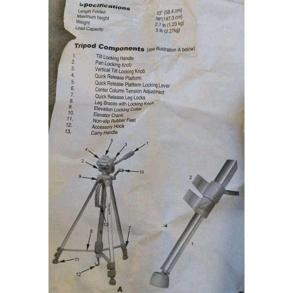 Targus TGT-58TR Camera Camcorder‎ Tripod Bubble Level Quick Release Platform Bag